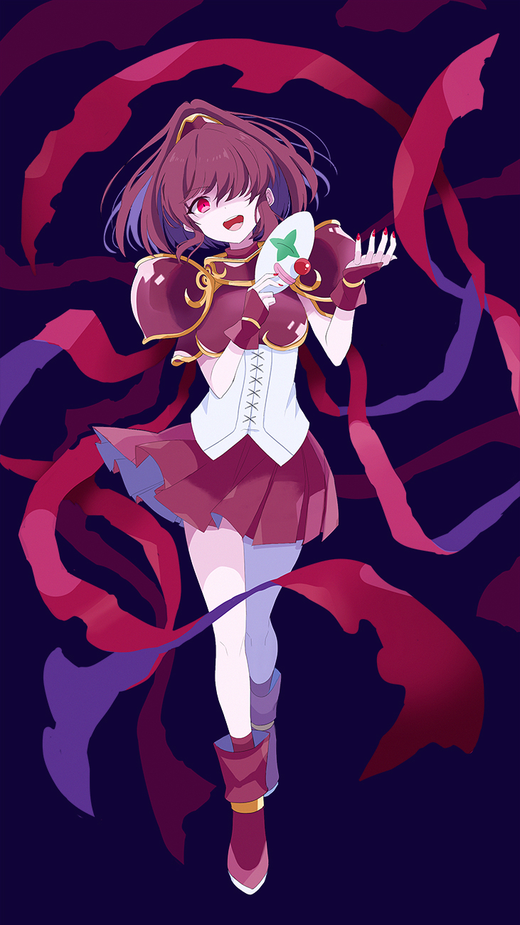 1girl, armor, blue_background, brown_hair, doppelganger_arle, fingerless_gloves, full_body, gloves