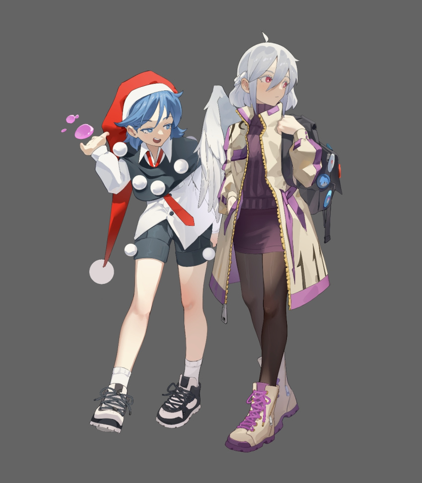 2girls, adapted_costume, black_shorts, blob, blue_eyes, blue_hair, collared_shirt, doremy_sweet
