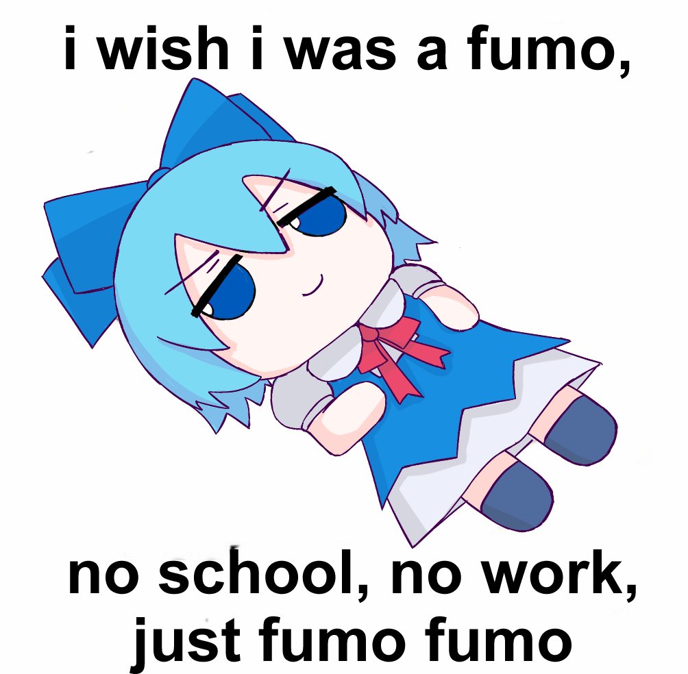 blue_dress, blue_eyes, blue_hair, character_doll, cirno, closed_mouth, comedy, commentary, doll, dress, english_commentary, english_text, fumo_(doll), jitome, no_humans, omikami, puffy_short_sleeves, puffy_sleeves, short_hair, short_sleeves, simple_background, smile, touhou, v-shaped_eyebrows, white_background