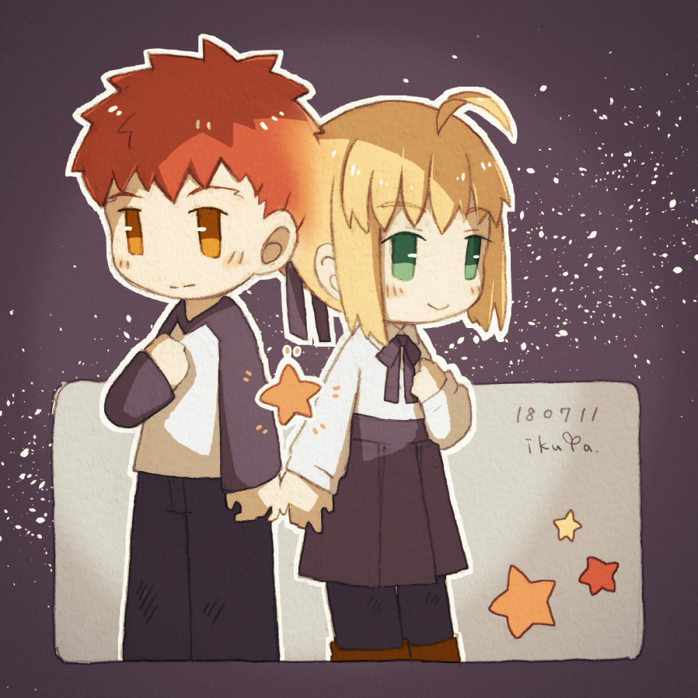 1boy, 1girl, ahoge, artoria_pendragon_(fate), black_pants, black_pantyhose, blonde_hair, blue_ribbon