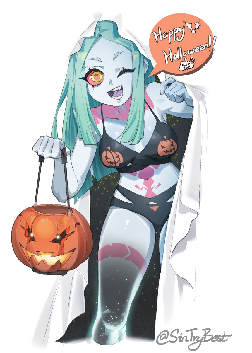 1girl, bat_(animal), bikini, blue_hair, colored_sclera, cyberpunk_(series), cyberpunk_edgerunners, english_text, ghost_costume, green_eyes, halloween, halloween_bucket, highres, one_eye_closed, open_mouth, rebecca_(cyberpunk), red_sclera, signature, sin_(sintrybest), sky, smile, solo, star_(sky), starry_sky, swimsuit, tank_top, tattoo, white_background
