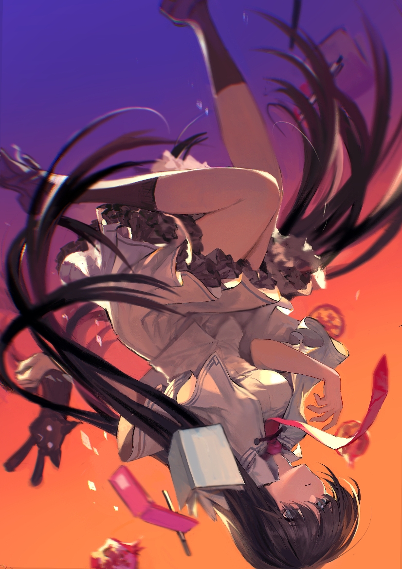 1girl, black_cat, black_footwear, black_hair, black_socks, blue_eyes, cat, cellphone, dress, falling, frilled_dress, frills, gradient_background, kisaragi_makura, kneehighs, legs, loafers, long_hair, necktie, notebook, pen, phone, red_necktie, school_uniform, shoes, socks, spoilers, subarashiki_hibi, takashima_zakuro, very_long_hair, white_dress