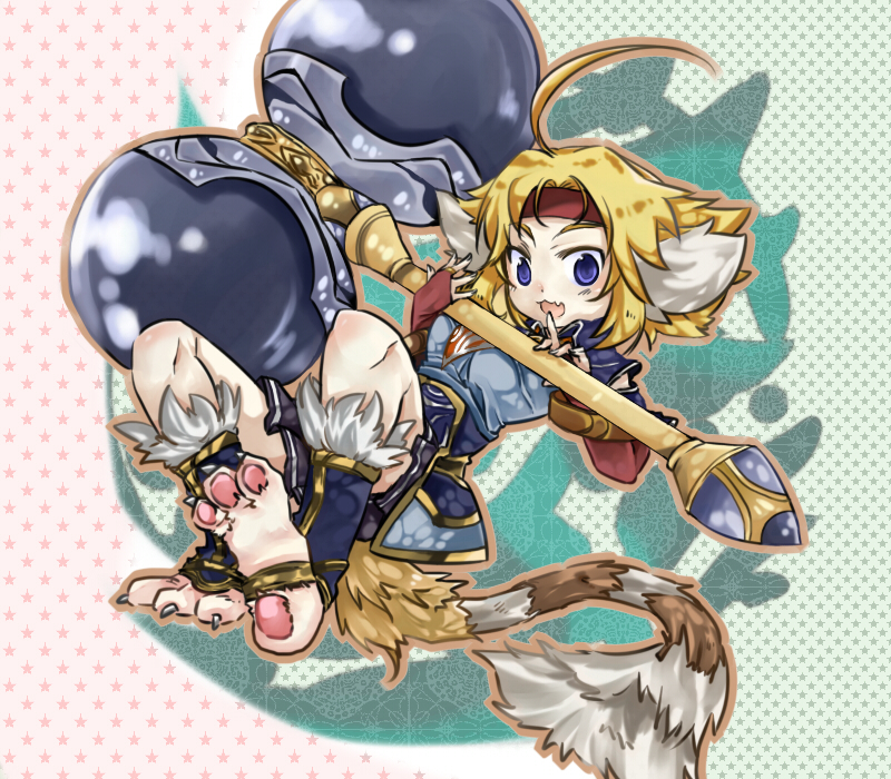 animal_ears, blonde_hair, blue_eyes, cat_ears, fang, fur, gust, hammer