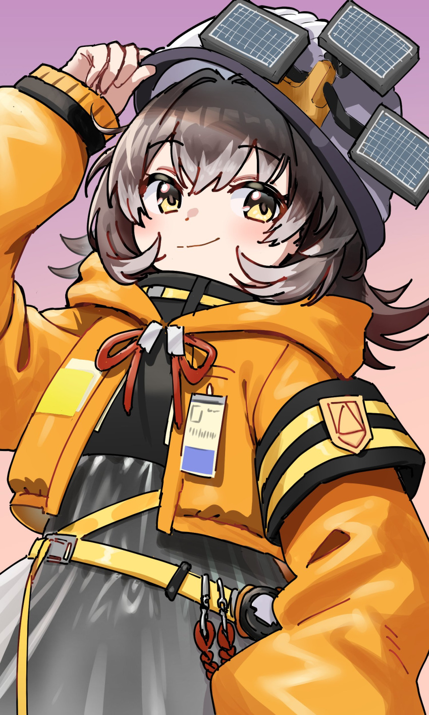 1girl, absurdres, adjusting_clothes, adjusting_headwear, arknights, armband, brown_eyes, brown_hair
