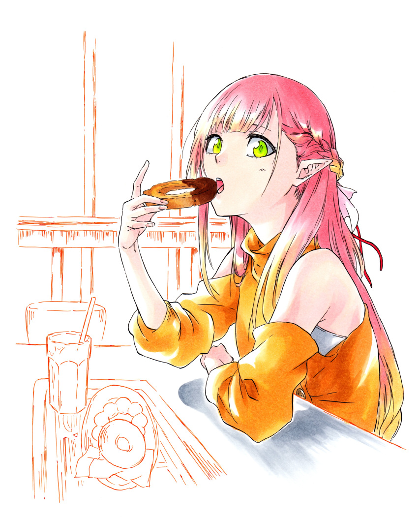 1girl, absurdres, arm_on_table, bare_shoulders, braid, cottage_project, crown_braid, cup