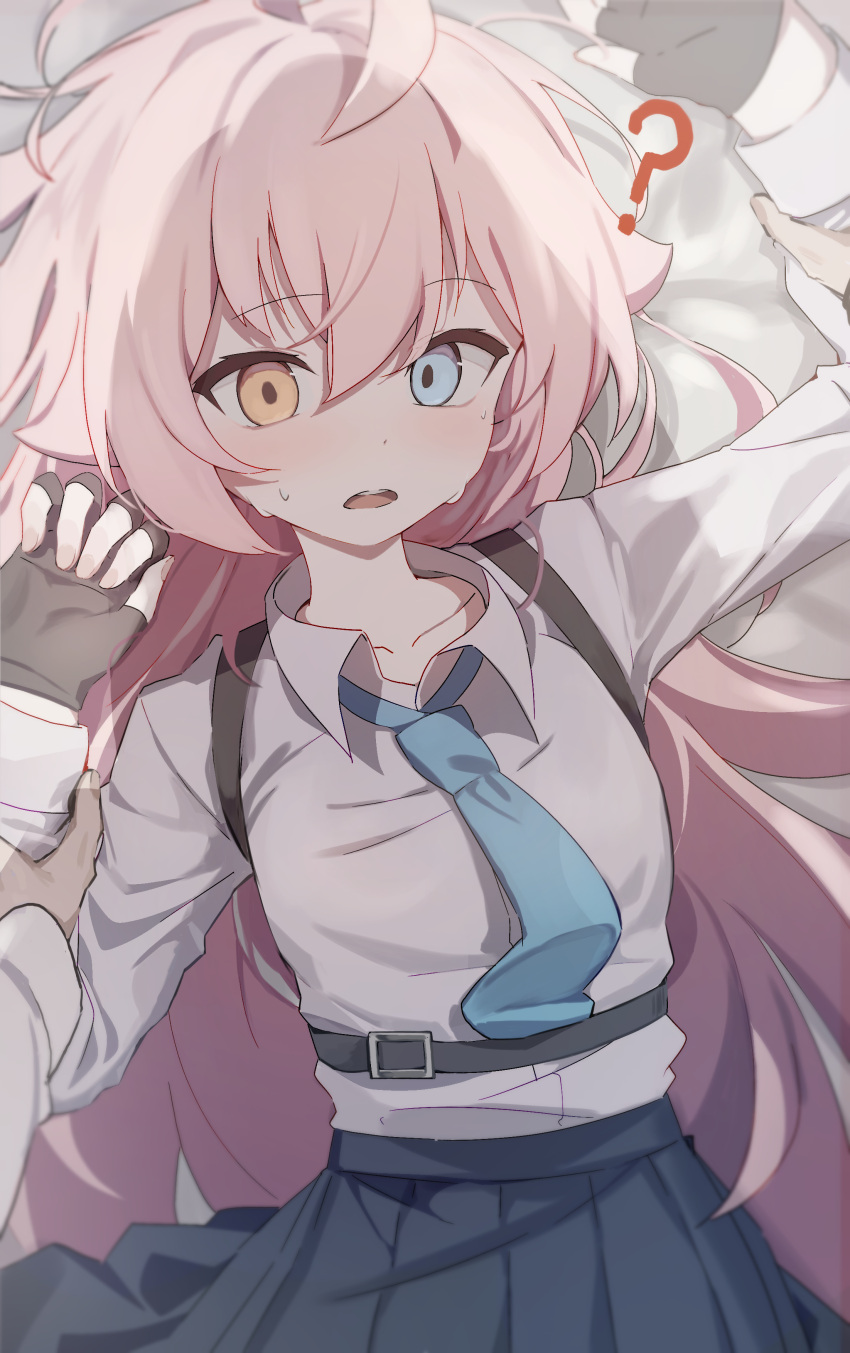 1boy, 1girl, ?, absurdres, ahoge, bed_sheet, black_gloves, black_skirt, blue_archive, blue_eyes, blue_necktie, chest_harness, collared_shirt, commentary, confused, fingerless_gloves, gloves, hair_between_eyes, harness, heterochromia, highres, holding_another's_wrist, hoshino_(blue_archive), liyom, long_hair, long_sleeves, looking_at_viewer, lying, necktie, ominous_shadow, on_back, on_bed, open_mouth, pink_hair, pinned, pleated_skirt, pov, pov_hands, school_uniform, shadow, shirt, skirt, solo_focus, sweat, upper_body, white_shirt, yellow_eyes, yukadon