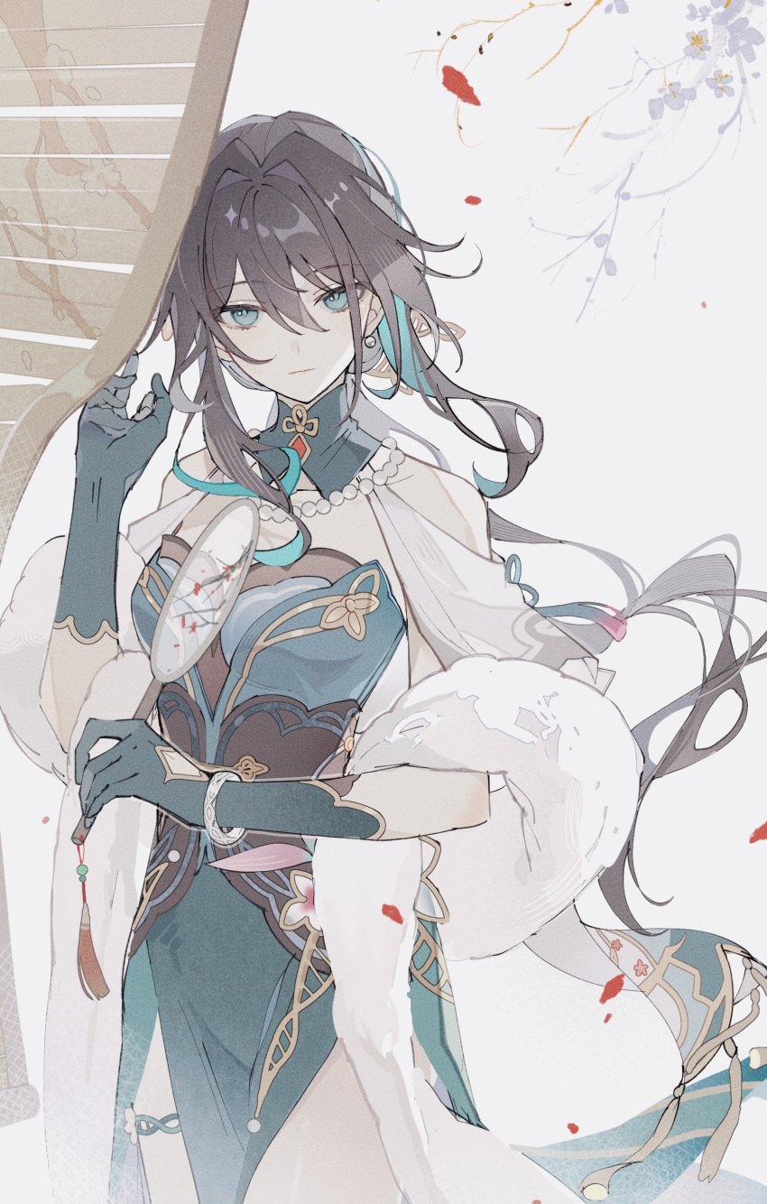 1girl, absurdres, bare_shoulders, black_hair, bracelet, branch, china_dress, chinese_clothes