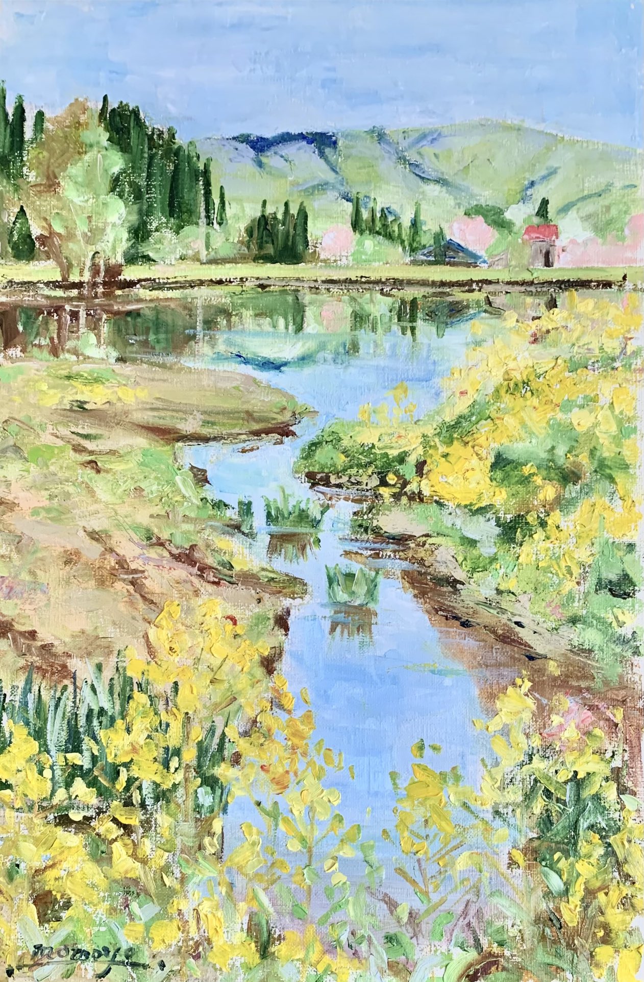blue_sky, day, flower, forest, grass, highres, momo7rosemary, mountain, mountainous_horizon, nature, no_humans, original, outdoors, painting_(medium), pastel_(medium), pond, reeds, reflection, scenery, sky, traditional_media, water, yellow_flower