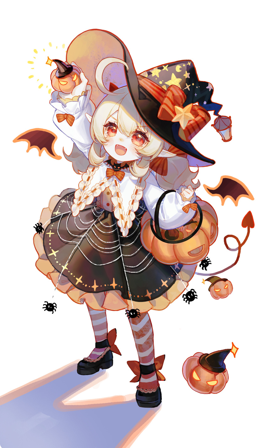 1girl, :d, absurdres, arm_up, black_footwear, black_headwear, black_skirt, blonde_hair