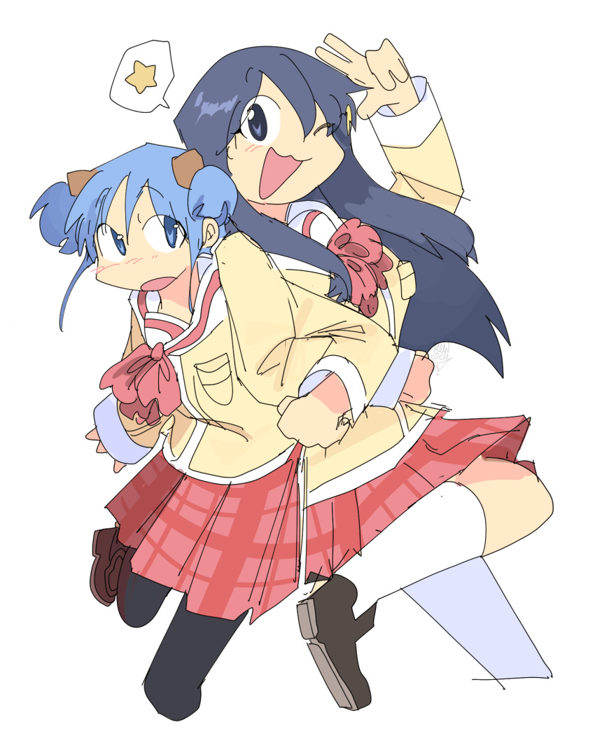 2girls, :3, :o, back-to-back, blue_hair, cube_hair_ornament, hair_ornament, highres, leg_up, locked_arms, looking_to_the_side, multiple_girls, naganohara_mio, naganohara_yoshino, nichijou, one_eye_closed, open_mouth, school_uniform, short_twintails, snowii_cat, socks, speech_bubble, star_(symbol), tokisadame_school_uniform, twintails, white_background, white_socks