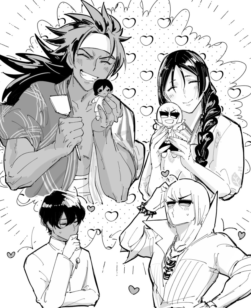 1girl, 3boys, arjuna_(fate), bhima_(fate), character_doll, cropped_torso, dark-skinned_male, dark_skin