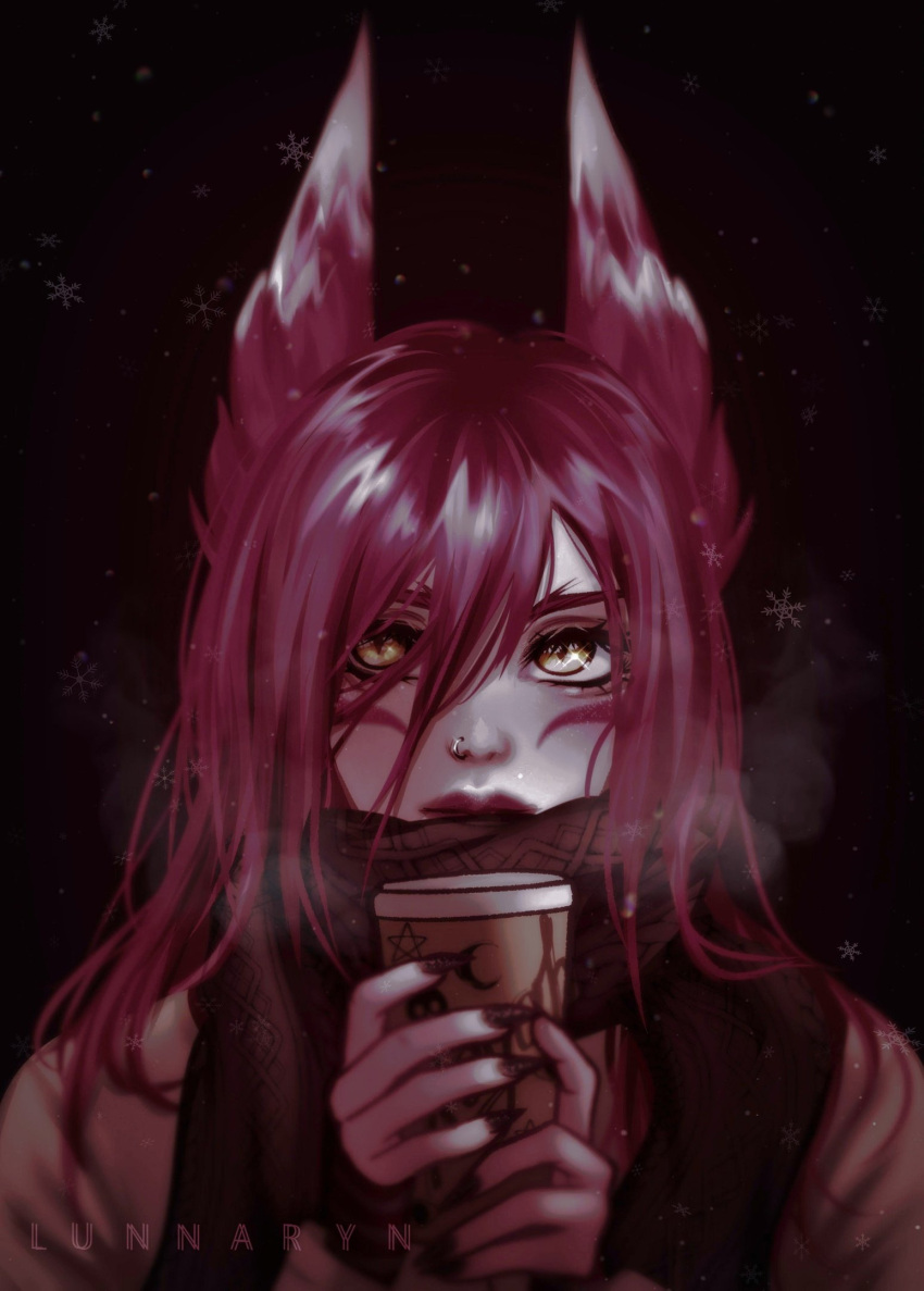 1girl, animal_ears, black_nails, breath, coffee, facial_mark, highres, jewelry, league_of_legends, long_hair, lunnaryn, nail_polish, nose_piercing, nose_ring, piercing, redhead, scarf, snowflakes, watermark, winter, xayah, yellow_eyes