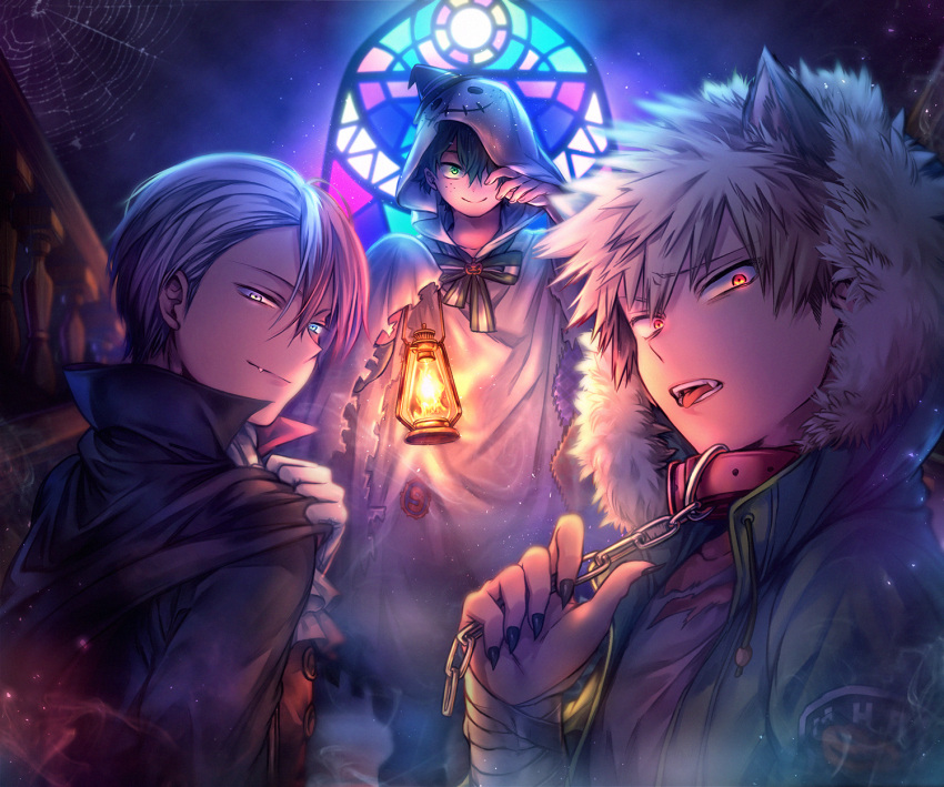 3boys, animal_collar, animal_ears, ascot, backlighting, badge, bakugou_katsuki, bandaged_wrist