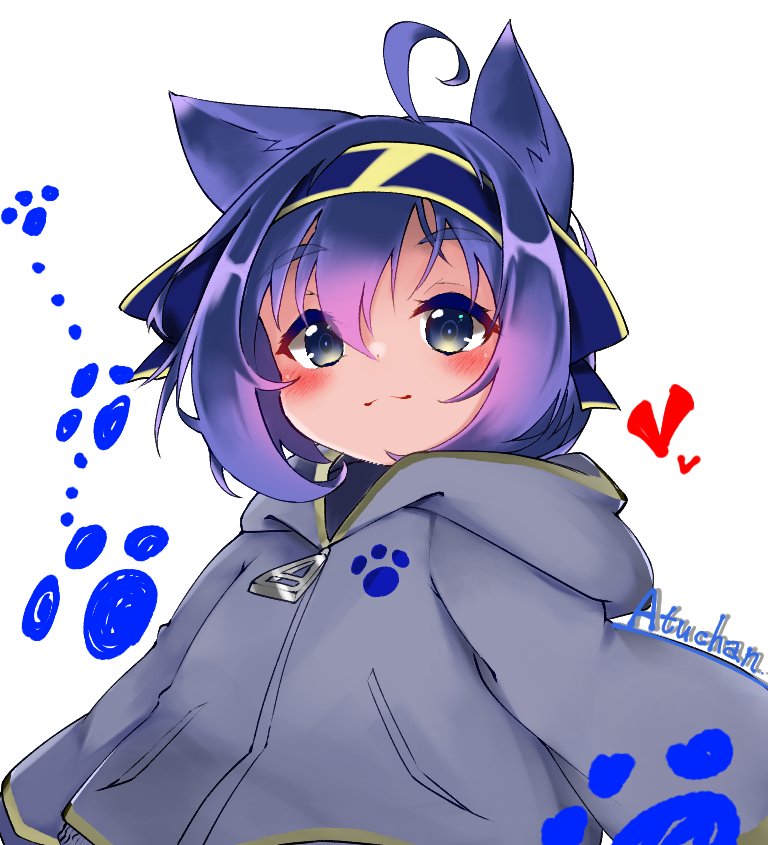 1girl, ahoge, alternate_costume, animal_ears, atsu_toushirou_(tenka_hyakken), blue_eyes, blue_hair, blue_ribbon, blush, cat_ears, closed_mouth, commentary, grey_hoodie, hairband, heart, hood, hoodie, mikanbako320, paw_print, ribbon, short_hair, smile, solo, tenka_hyakken, upper_body, zipper