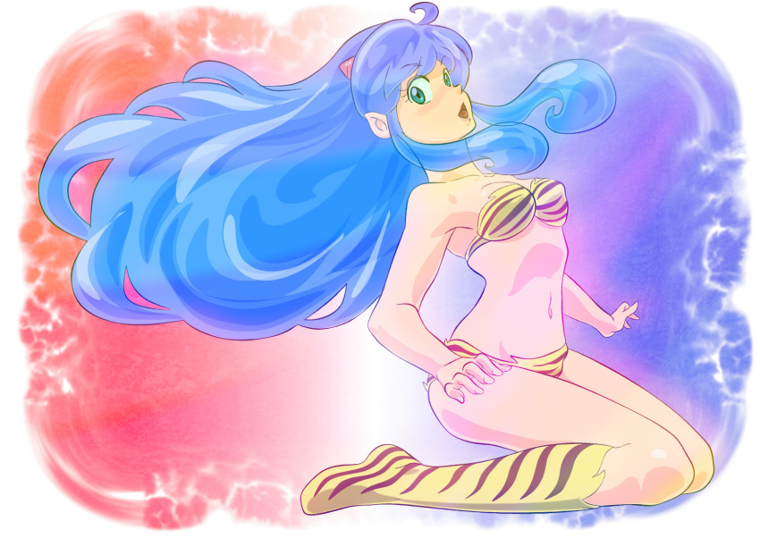 blue_eyes, blue_hair, hands, highres, horns, kneeling, lum, oilaoila