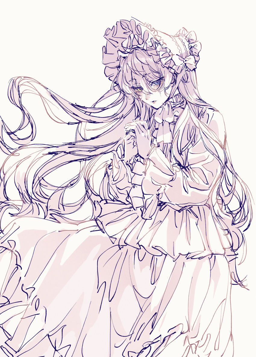1girl, absurdres, blue_eyes, blush, bow, cosplay, dress, ensemble_stars!, genderswap, genderswap_(mtf), gloves, grey_hair, greyscale, hairband, heterochromia, highres, hnd15098770, kagehira_mika, lolita_hairband, long_hair, mademoiselle_(ensemble_stars!), mademoiselle_(ensemble_stars!)_(cosplay), monochrome, own_hands_together, solo, wavy_hair, white_bow, white_dress, yellow_eyes