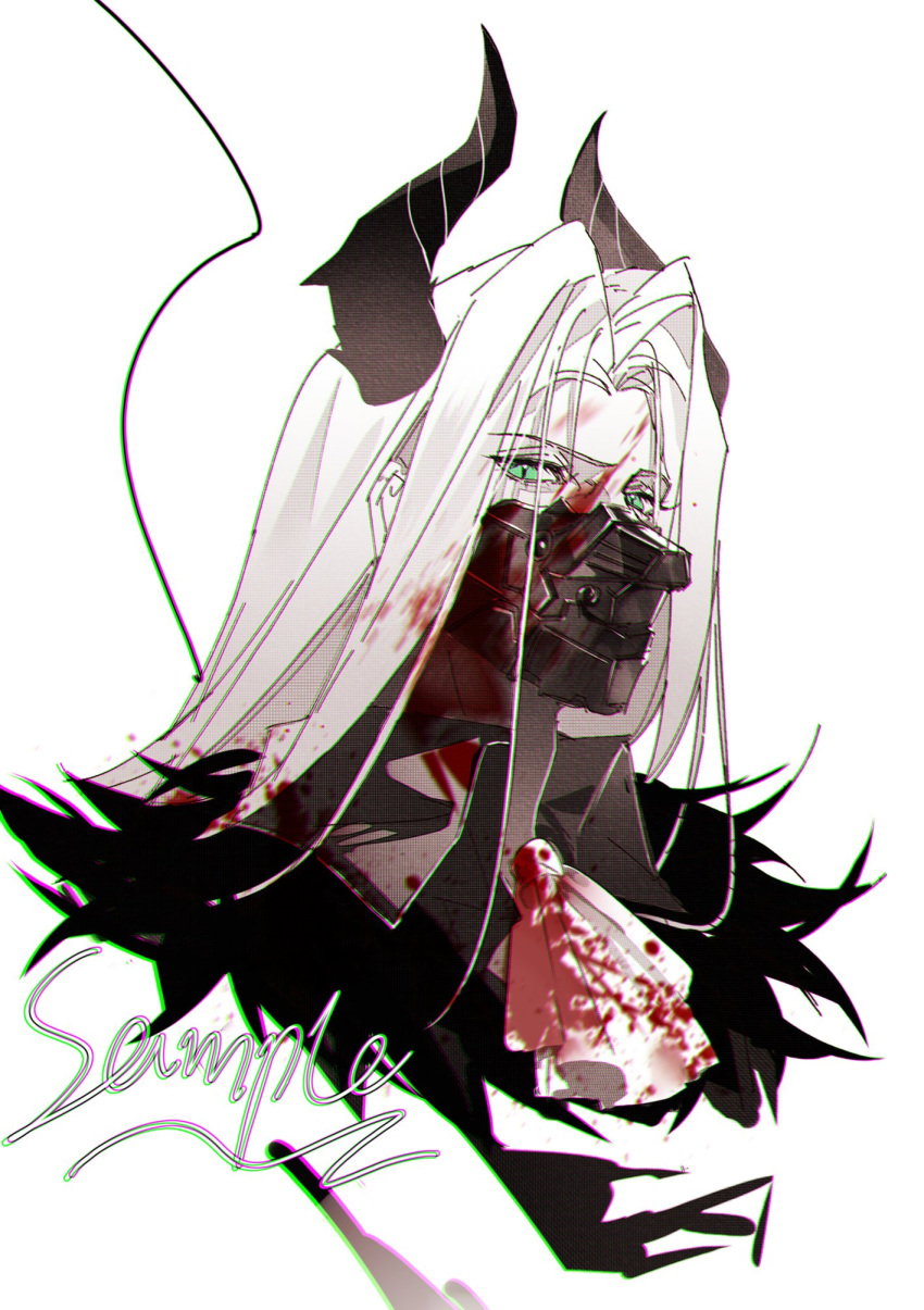 1boy, ascot, black_feathers, black_horns, blood, blood_in_hair, blood_on_clothes, blood_on_face, chinese_commentary, collared_shirt, cuntouxiaoyeju, feathered_collar, feathers, final_fantasy, final_fantasy_vii, final_fantasy_vii_ever_crisis, green_eyes, high_collar, highres, horns, long_hair, looking_at_viewer, male_focus, muzzle, official_alternate_costume, sample_watermark, sephiroth, shirt, simple_background, slit_pupils, solo, upper_body, watermark, white_background, white_hair