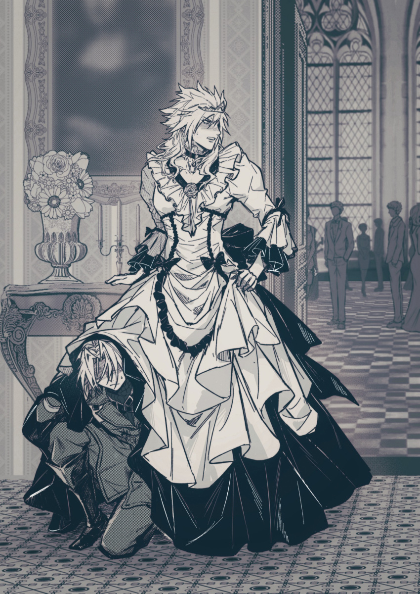 2boys, aged_down, black_bow, black_choker, black_footwear, black_ribbon, blush, boots, bouquet, bow, candle, candlestand, checkered_floor, choker, cloud_strife, crossdressing, crowd, door, dress, embarrassed, eyes_in_shadow, final_fantasy, final_fantasy_vii, final_fantasy_vii_ever_crisis, final_fantasy_vii_remake, flower, frilled_dress, frilled_sleeves, frills, frogccc333, furrowed_brow, hiding, hiding_behind_another, highres, holding, holding_clothes, indoors, jacket, juliet_sleeves, knee_boots, kneeling, lace-trimmed_choker, lace_trim, long_dress, long_hair, long_sleeves, looking_to_the_side, male_focus, mansion, military, military_uniform, mona_lisa, monochrome, multiple_boys, official_alternate_costume, official_alternate_hairstyle, open_door, painting_(object), pants, picture_frame, puffy_sleeves, ribbon, rose, sephiroth, short_hair, spiky_hair, stained_glass, standing, sweatdrop, tiara, uniform, vase, window