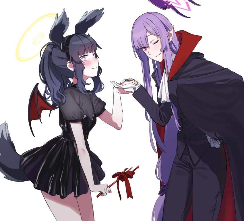 2girls, absurdres, animal_ears, black_cape, black_dress, black_hair, black_pants, blue_archive