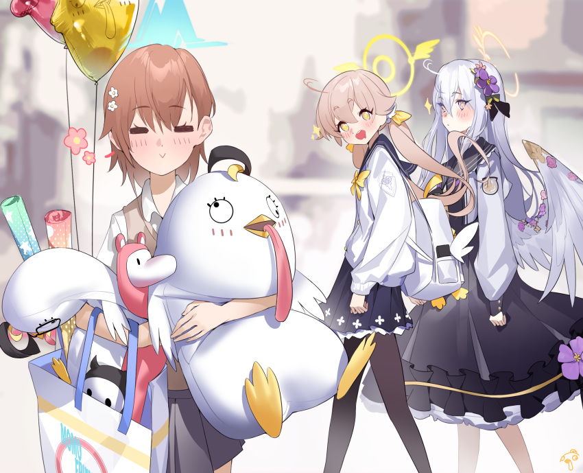 3girls, angel_wings, azusa_(blue_archive), backpack, bag, balloon, black_dress, black_pantyhose, black_skirt, blue_archive, blue_halo, blush, brown_hair, brown_vest, cardigan, closed_eyes, closed_mouth, crossover, distracted_boyfriend_(meme), dress, drooling, feathered_wings, flower, haine_1871, hair_between_eyes, hair_flower, hair_ornament, halo, hifumi_(blue_archive), highres, jacket, light_brown_hair, long_hair, long_sleeves, low_twintails, meme, misaka_mikoto, mouth_drool, multiple_girls, pantyhose, peroro_(blue_archive), pink_eyes, pleated_skirt, purple_flower, school_uniform, skirt, smile, toaru_kagaku_no_railgun, toaru_majutsu_no_index, tokiwadai_school_uniform, twintails, vest, white_cardigan, white_hair, white_jacket, white_wings, wings, yellow_eyes, yellow_halo