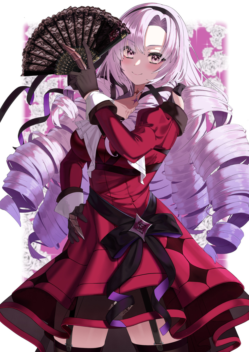 1girl, absurdres, black_bow, black_gloves, black_hairband, bow, breasts, claw_ring, dress, drill_hair, dtawawa, flower, garter_straps, gloves, hairband, hand_fan, hand_on_own_hip, highres, holding, holding_fan, hyakumantenbara_salome, juliet_sleeves, long_sleeves, nijisanji, pink_eyes, pink_hair, puffy_sleeves, red_dress, rose, smile, solo, thigh-highs, virtual_youtuber