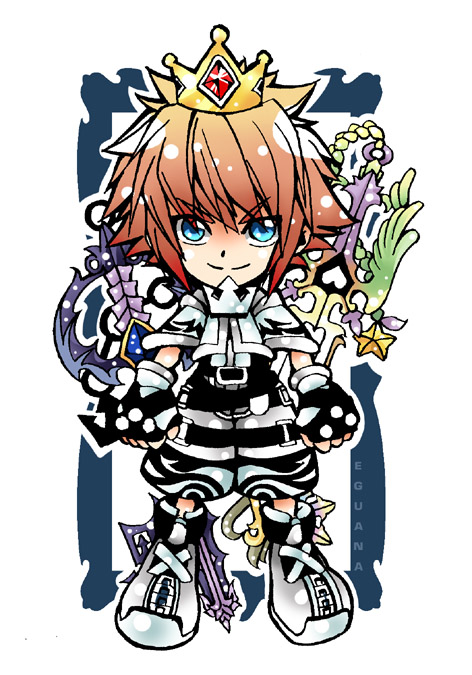 1boy, artist_name, belt, blue_eyes, brown_hair, chibi, commentary, crown