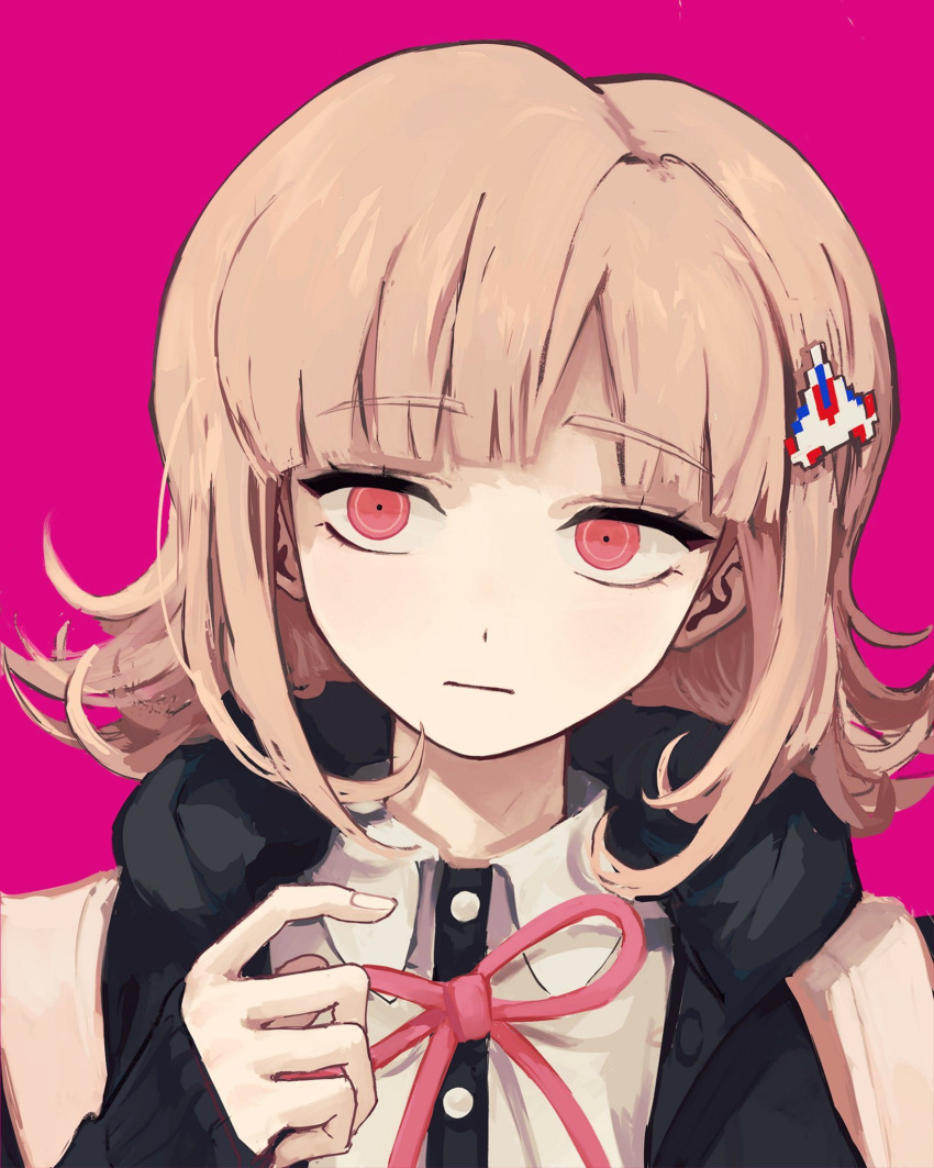 1girl, :|, black_jacket, black_shirt, brown_hair, closed_mouth, danganronpa_(series), danganronpa_2:_goodbye_despair