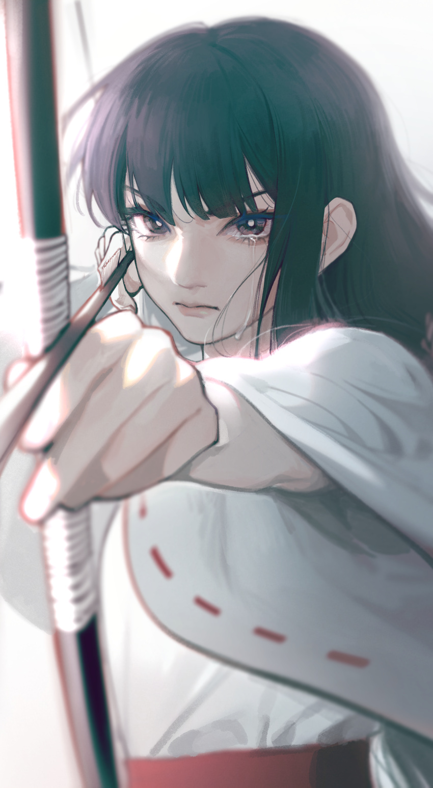 1girl, absurdres, aiming, aiming_at_viewer, angry, archery, arrow_(projectile), black_hair