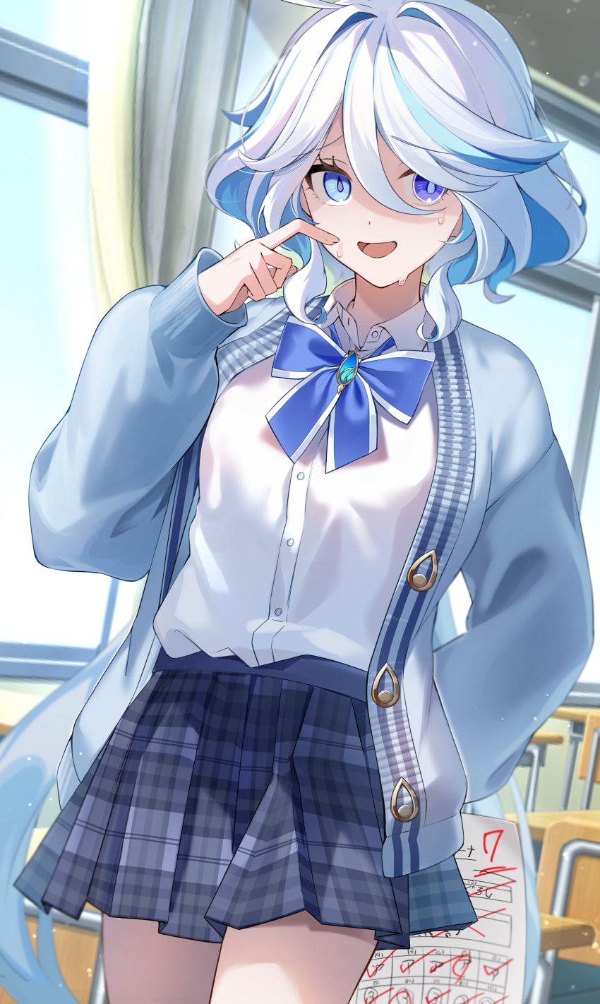1girl, absurdres, arm_behind_back, averting_eyes, black_skirt, blue_bow, blue_bowtie, blue_cardigan, blue_gemstone, blue_hair, blurry, blurry_background, bow, bowtie, cardigan, classroom, collared_shirt, commentary_request, contemporary, drop-shaped_pupils, furina_(genshin_impact), gem, genshin_impact, highres, holding, holding_paper, indoors, light_blue_hair, long_hair, looking_at_viewer, mismatched_pupils, multicolored_hair, nervous_sweating, paper, plaid, plaid_skirt, scratching_cheek, shirt, shirt_tucked_in, skirt, solo, sumomooekaki, sweat, test_score_(paper), very_long_hair, white_hair, white_shirt