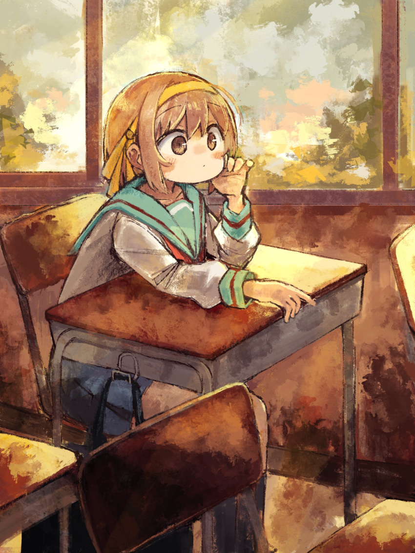1girl, absurdres, blue_sailor_collar, classroom, desk, dolphilia, dot_mouth, hairband
