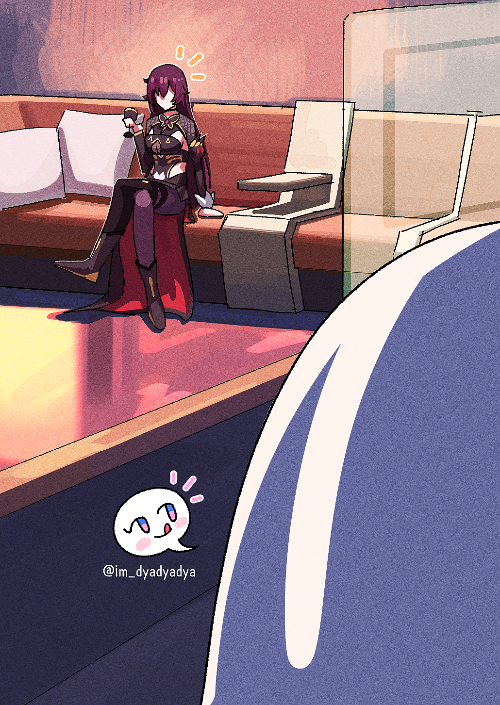 2girls, couch, crossed_legs, cushion, dyadyadya, eden_(honkai_impact), elysia_(honkai_impact), ghost_costume