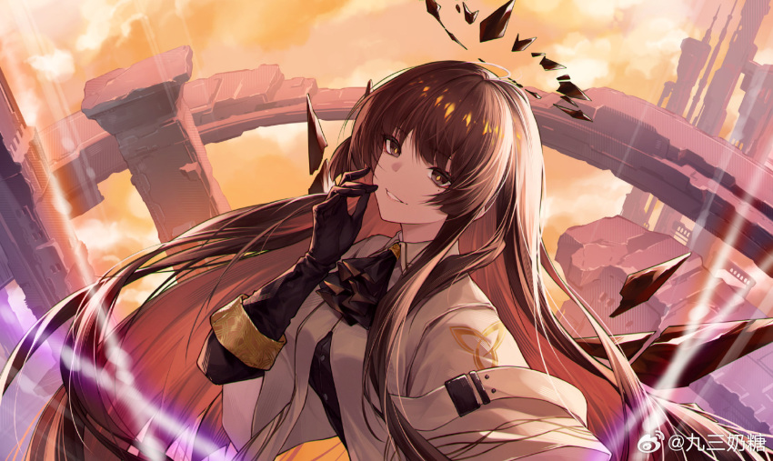 1girl, ahoge, architecture, arknights, artist_name, ascot, belt, belt_buckle