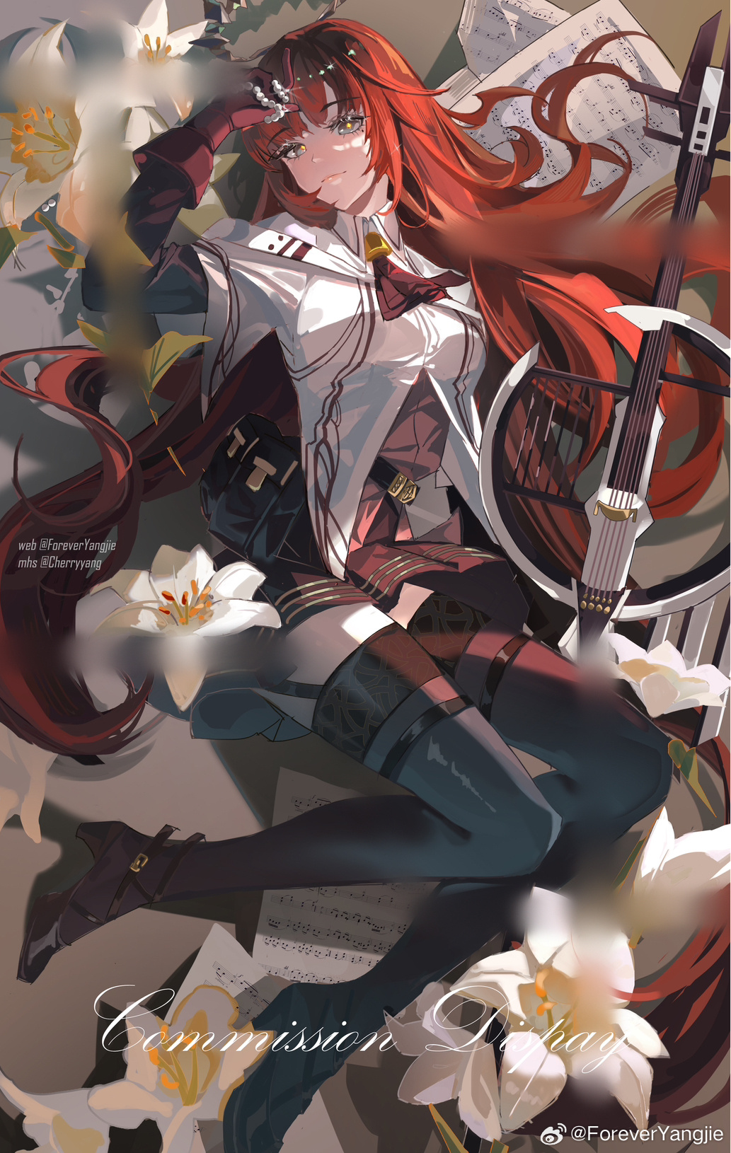 1girl, absurdly_long_hair, arknights, artist_name, ascot, belt, belt_buckle, belt_pouch