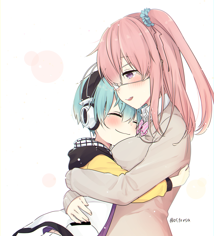 1boy, 1girl, aqua_hair, blush, bow, bowtie, breasts, brown_cardigan