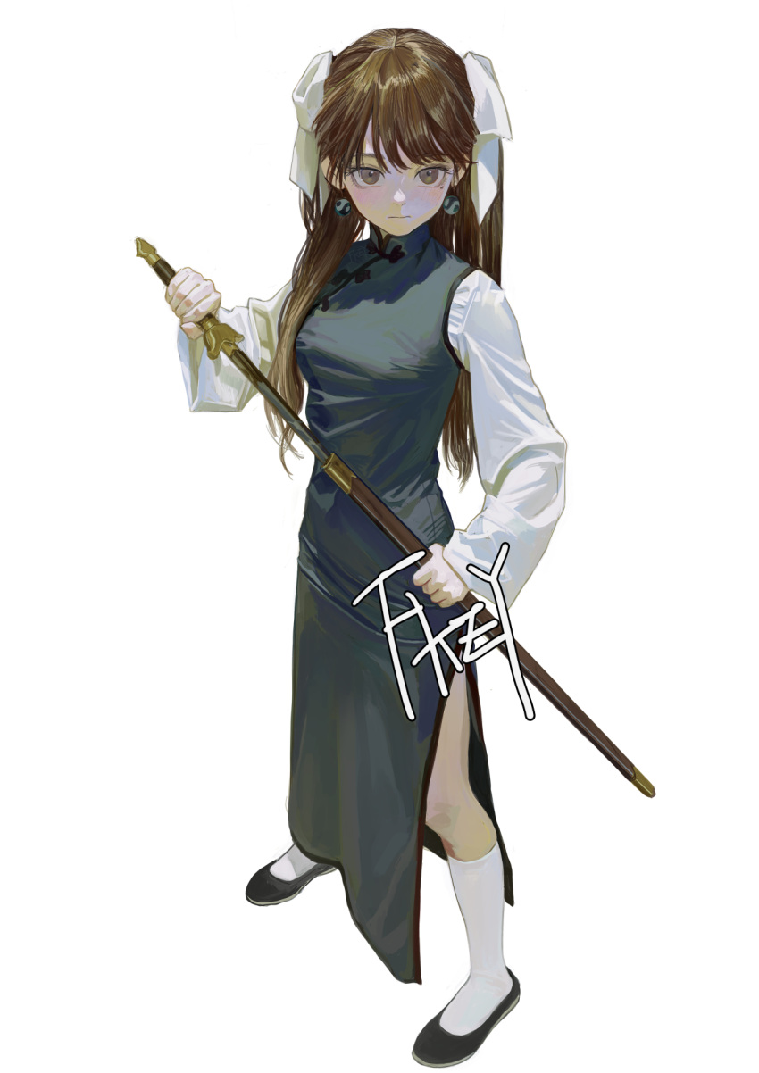 1girl, artist_name, blue_dress, blue_footwear, china_dress, chinese_clothes, closed_mouth, commentary, dress, earrings, eyeball_bracelet_girl_(fkey), fkey, hair_ribbon, highres, holding, holding_sword, holding_weapon, jewelry, long_dress, long_hair, long_sleeves, mole, mole_under_eye, original, ribbon, side_slit, socks, solo, sword, weapon, white_socks, wide_sleeves, yin_yang, yin_yang_earrings