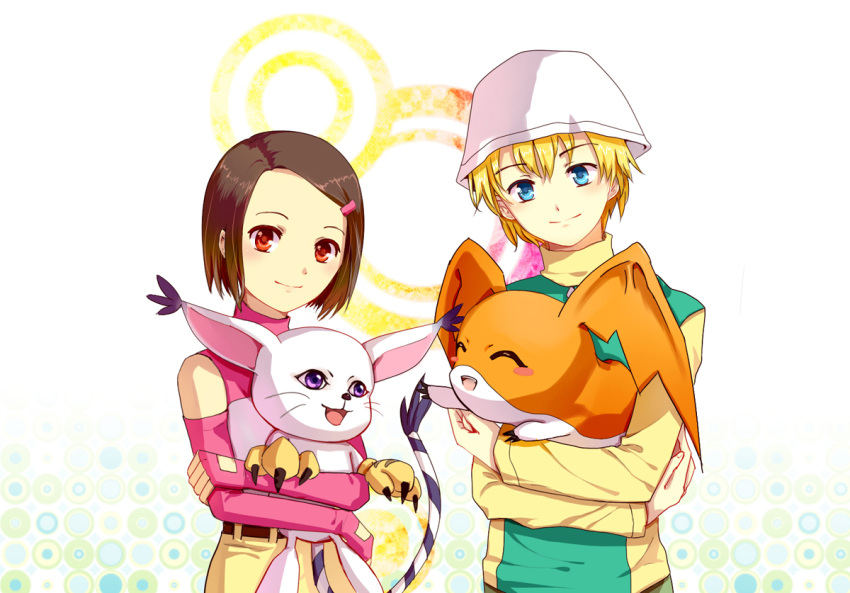 blue_eyes, brown_hair, digimon, digimon_adventure_02, gloves, hair_ornament, hairclip, hat, heiyi, monster, patamon, short_hair, smile, tail, tailmon, takaishi_takeru, yagami_hikari