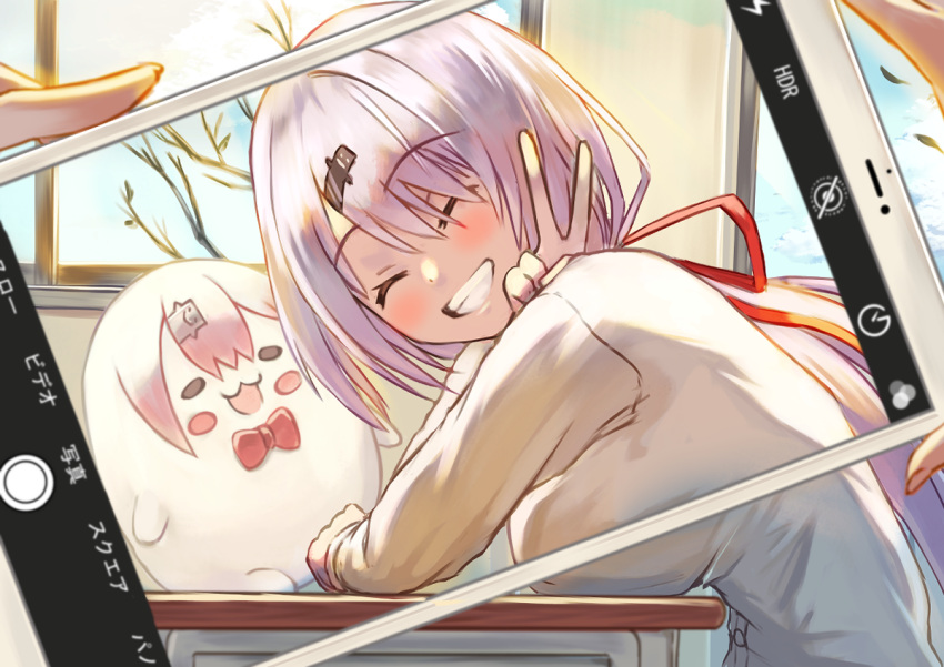 1girl, breasts, cellphone, character_doll, closed_eyes, desk, grin, inugami86