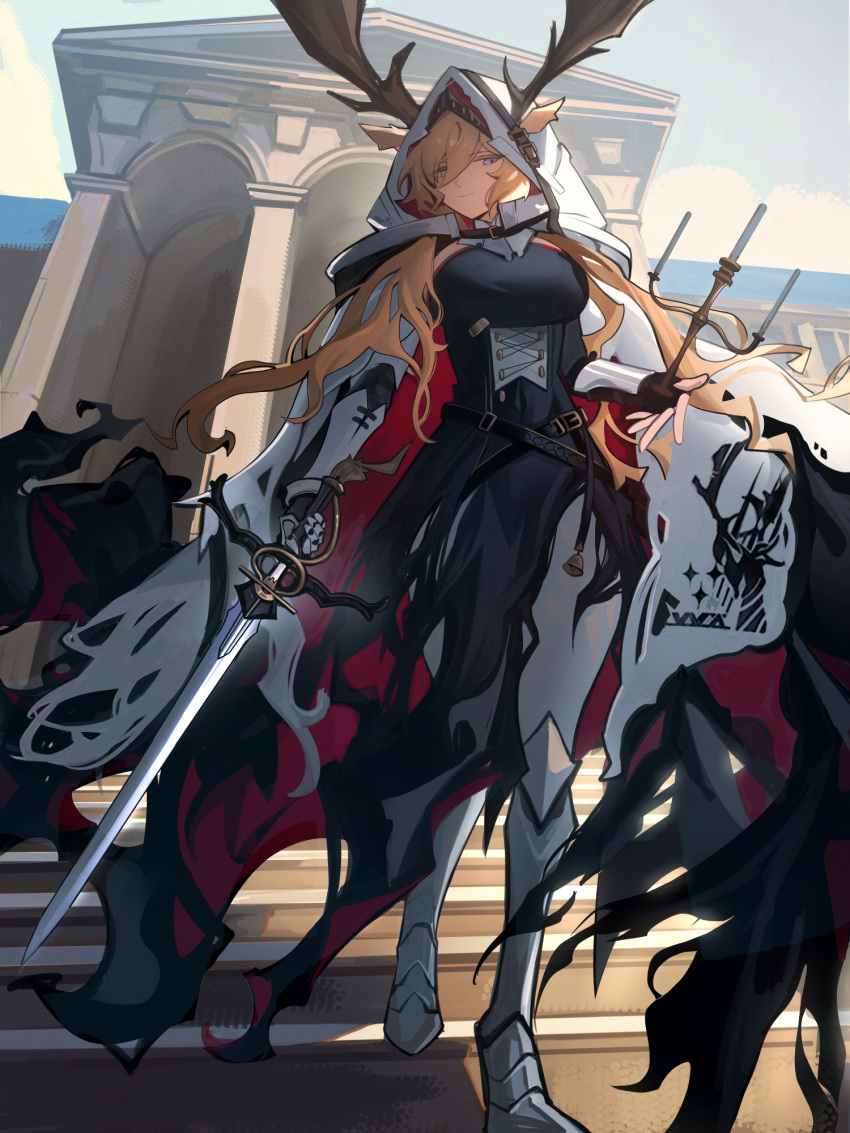 1girl, animal_ears, antlers, antlers_through_headwear, antlers_through_hood, arknights, armor, belt, black_corset, black_dress, blonde_hair, blue_eyes, breasts, candle, candlestand, cape, cloak, closed_mouth, commission, corset, deer_antlers, deer_ears, deer_girl, distr, dress, ears_through_headwear, ears_through_hood, full_body, gauntlets, greaves, highres, holding, holding_candle, holding_sword, holding_weapon, hood, hood_up, hooded_cape, horns_through_hood, large_breasts, long_hair, looking_at_viewer, multicolored_cloak, open_cloak, open_clothes, plate_armor, smile, solo, sword, very_long_hair, viviana_(arknights), weapon, white_cape, white_hood