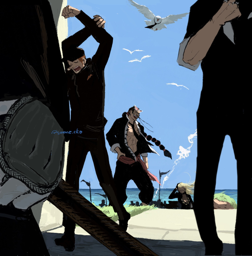 1girl, 6+boys, bird, black_gloves, black_hair, black_shirt, blonde_hair, closed_eyes