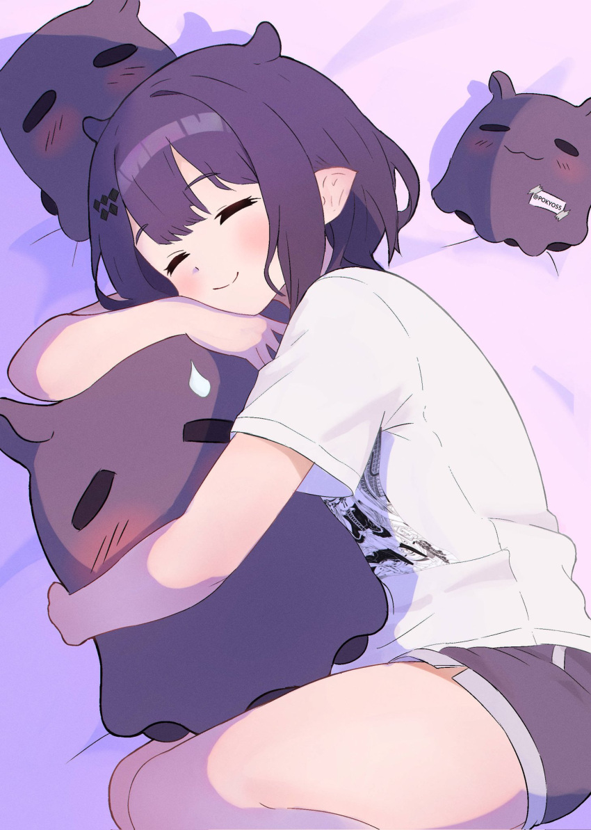 1girl, artist_name, bed_sheet, black_shorts, blush, closed_eyes, closed_mouth, fetal_position
