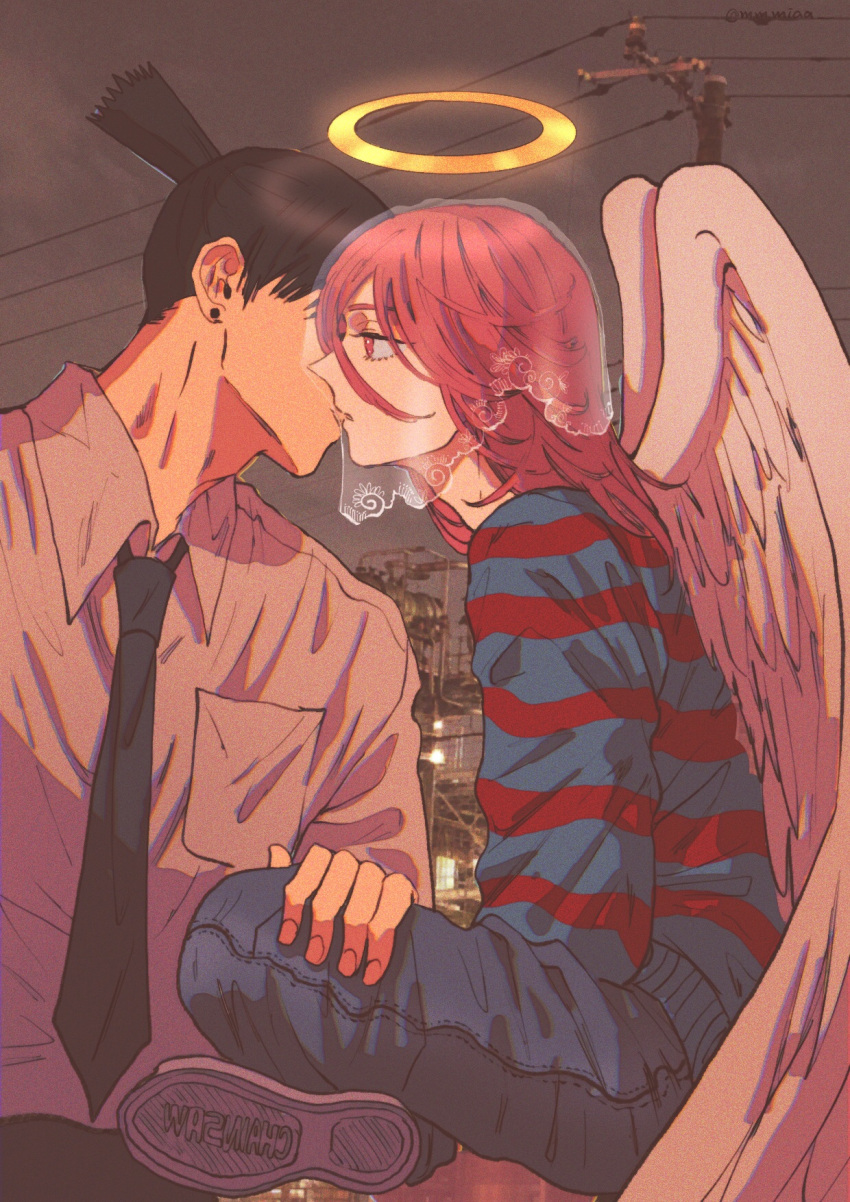 2boys, adam's_apple, androgynous, angel_devil_(chainsaw_man), black_hair, black_necktie, black_pants, blue_pants