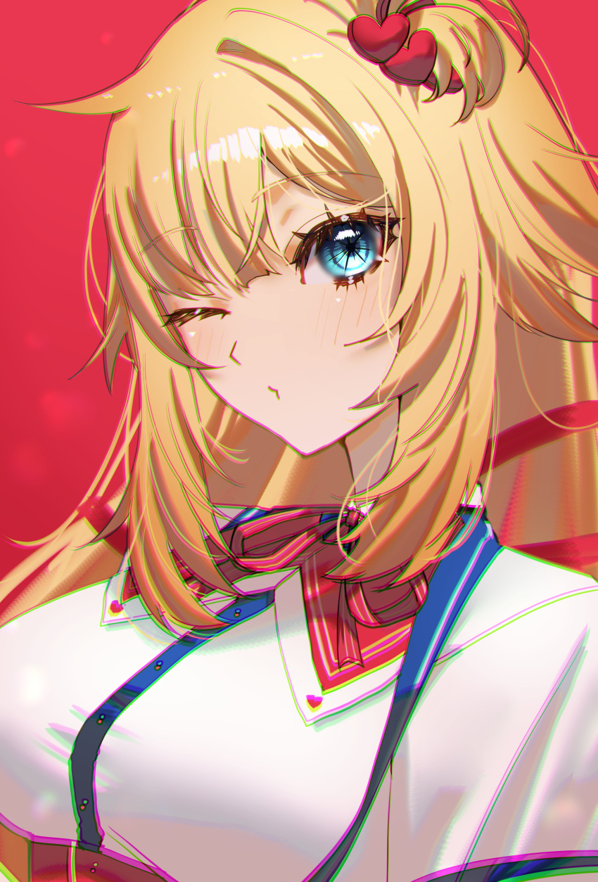 1girl, absurdres, akai_haato, akai_haato_(1st_costume), blonde_hair, blue_eyes, blush, collared_shirt