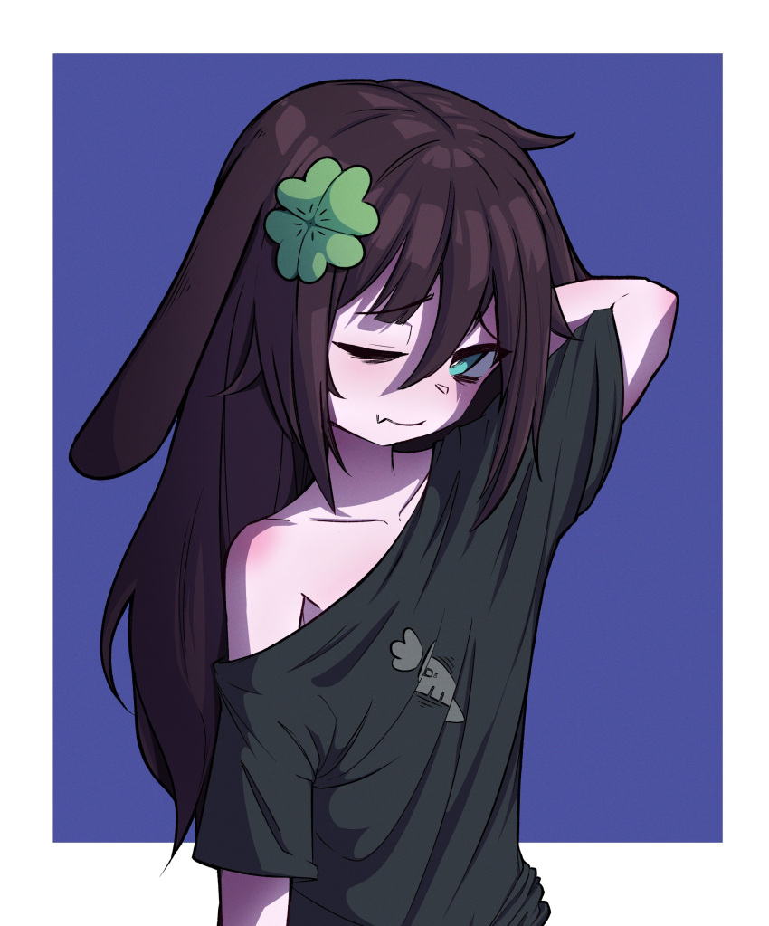 1girl, absurdres, animal_ears, arm_behind_head, arm_up, black_shirt, blankcode, blue_background, blue_eyes, border, brown_hair, carrot_print, closed_mouth, clover_hair_ornament, collarbone, english_commentary, fang, flat_chest, food_print, frown, hair_ornament, highres, indie_virtual_youtuber, kiyomi_pyon-pyon, long_hair, looking_at_viewer, lop_rabbit_ears, off_shoulder, one_eye_closed, outside_border, oversized_clothes, oversized_shirt, rabbit_ears, rabbit_girl, shirt, skin_fang, sleepy, solo, virtual_youtuber, white_border