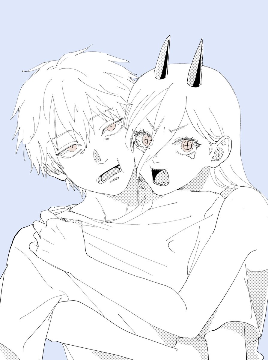 1boy, 1girl, blue_background, brown_eyes, chainsaw_man, cheek-to-cheek, commentary_request, cross-shaped_pupils, denji_(chainsaw_man), fangs, greyscale, heads_together, highres, horns, hug, hug_from_behind, monochrome, power_(chainsaw_man), sharp_teeth, shirt, spot_color, symbol-shaped_pupils, t-shirt, tank_top, teeth, yonchi