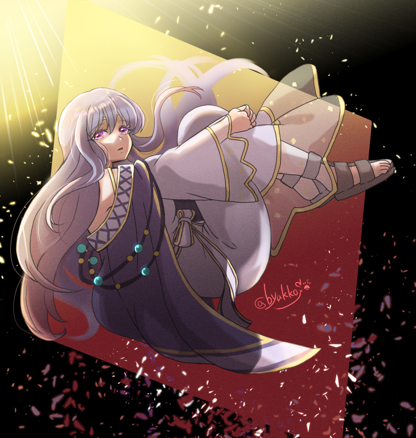 1girl, absurdres, byakkos, cape, dress, fire_emblem, fire_emblem:_genealogy_of_the_holy_war, floating, highres, julia_(fire_emblem), long_hair, looking_at_viewer, purple_hair, sandals, single_bare_shoulder, violet_eyes