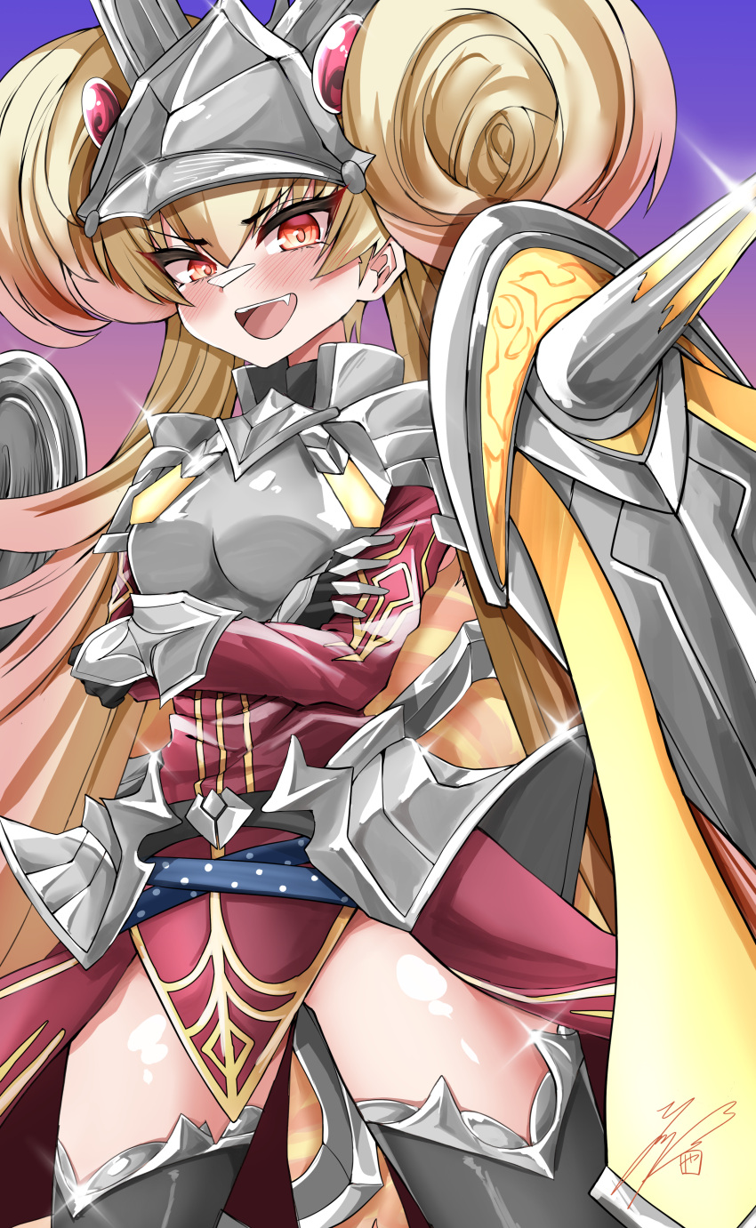 1girl, absurdres, armor, blonde_hair, breastplate, centurion_primera, crossed_arms, double_bun, dress, duel_monster, fang, gradient_background, hair_bun, highres, long_hair, orange_eyes, pauldrons, red_dress, shoulder_armor, signature, thigh-highs, thighs, twintails, ya-man, yu-gi-oh!