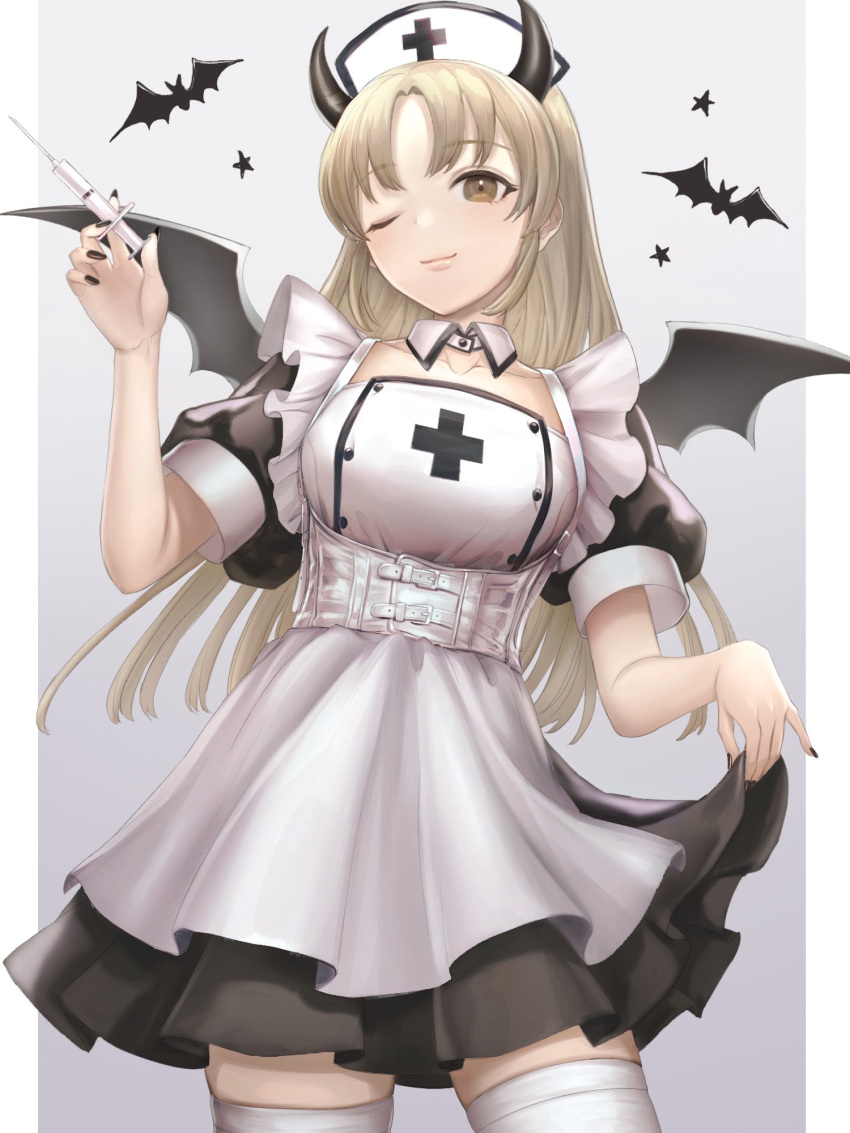 1girl, alternate_costume, apron, bat_(animal), bat_wings, black_dress, black_horns, black_nails, blonde_hair, buttons, collarbone, demon_horns, demon_wings, detached_collar, dress, frills, gradient_background, grey_background, hand_up, hat, highres, holding, holding_syringe, horns, long_hair, looking_at_viewer, nijisanji, nurse, nurse_cap, one_eye_closed, oyu_(b_47p), puffy_short_sleeves, puffy_sleeves, short_sleeves, sister_cleaire, smile, solo, syringe, thigh-highs, two-tone_dress, underbust, virtual_youtuber, white_apron, white_thighhighs, wings, yellow_eyes, zettai_ryouiki
