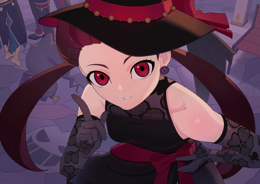 1boy, 2girls, banette, barefoot, bench, black_gloves, collarbone, commentary_request