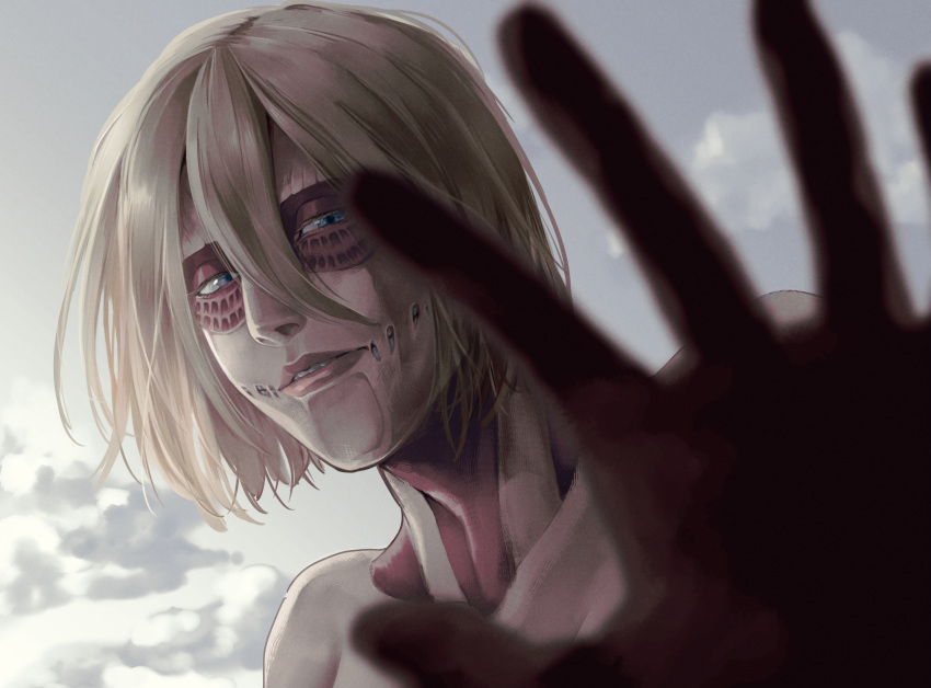 1girl, absurdres, blonde_hair, blue_eyes, clouds, commentary_request, female_titan, highres