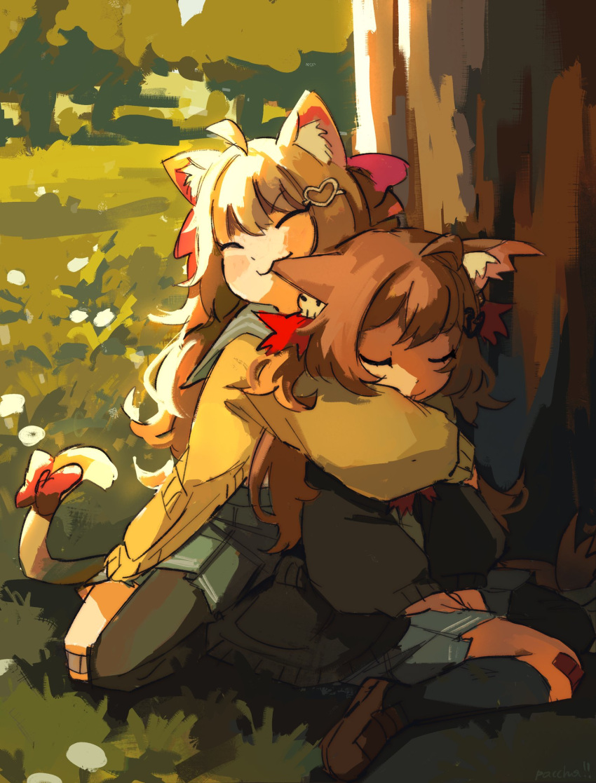 2girls, :3, ahoge, animal_ear_fluff, animal_ears, asymmetrical_legwear, backlighting, bandaid